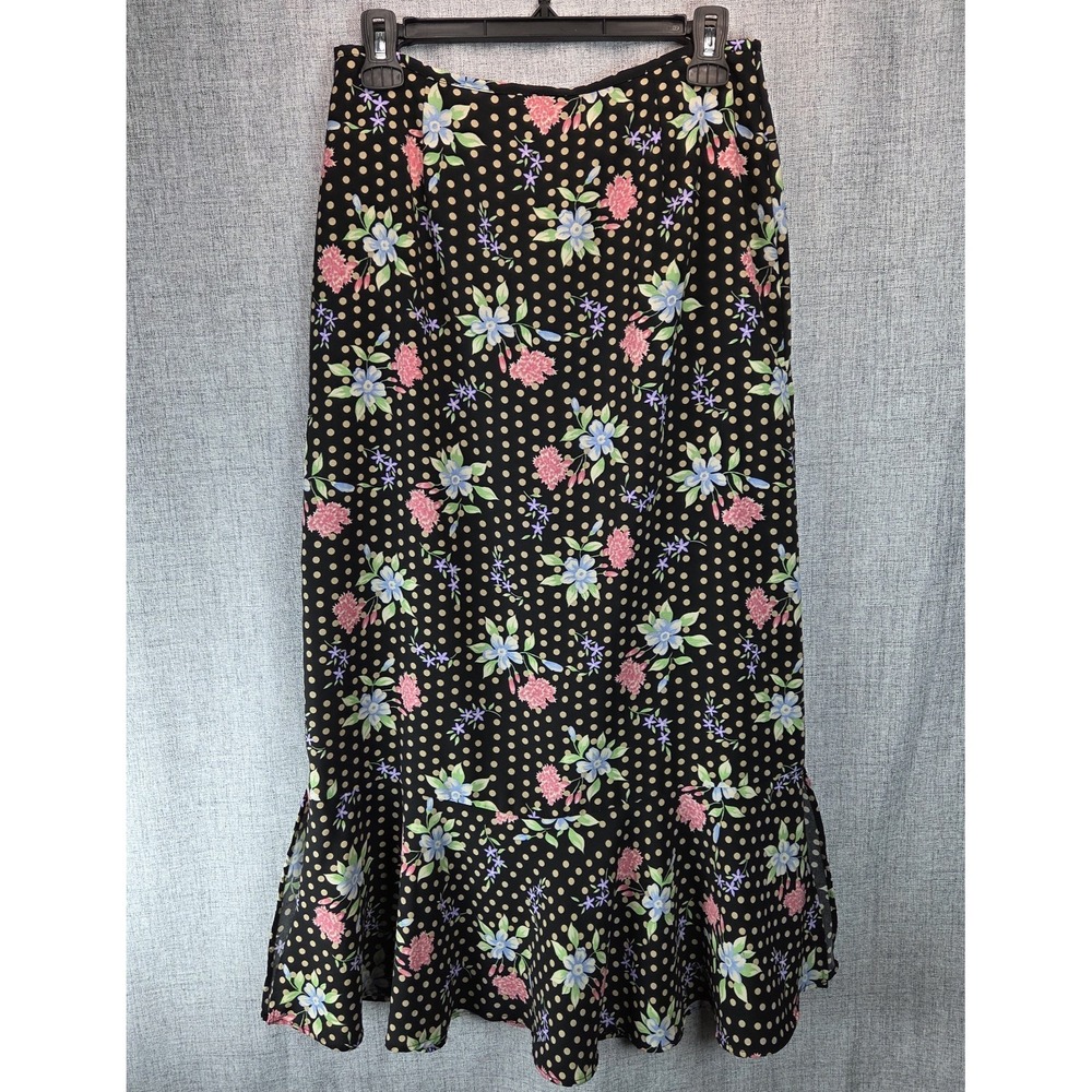 Sag Harbor Women's VTG Floral Dots Ruffled Midi Trumpet Skirt 8 Cottage Romantic